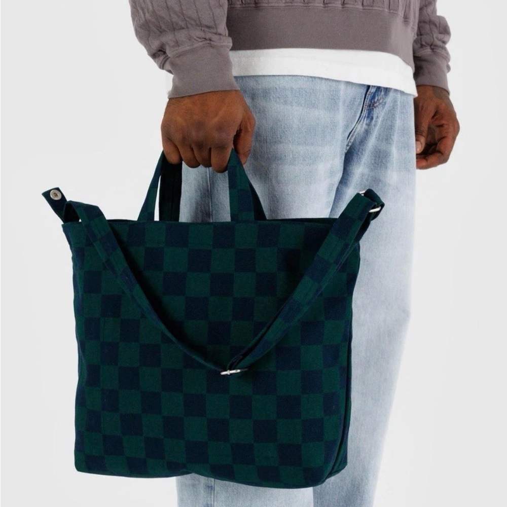 BAGGU Horizontal Duck Bag Navy Green Check Plaid Recycled Cotton Tote Crossbody